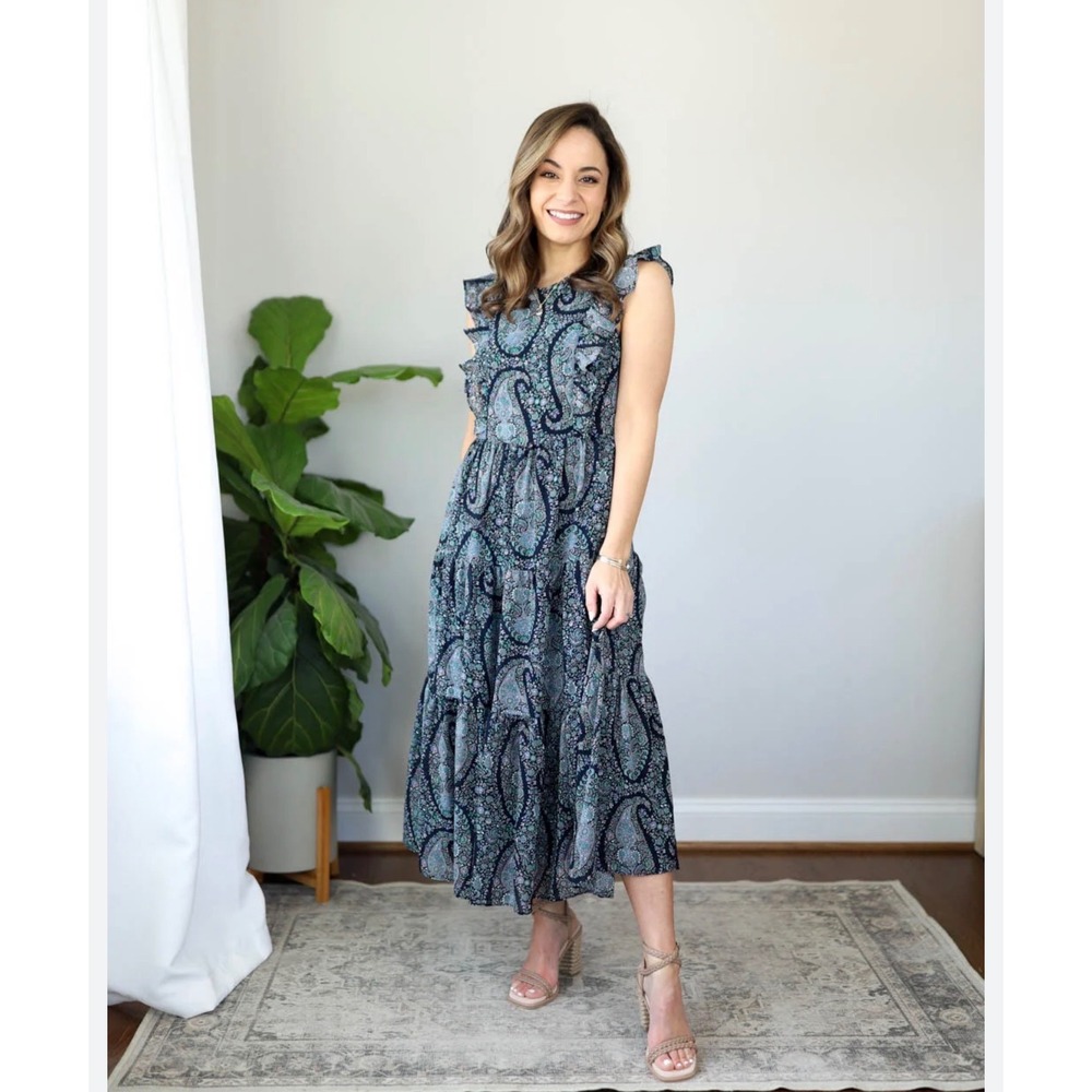 J.Crew Womens Blue Paisley Tiered Ruffle Midi Dress B0664 Size 12P Petite - Picture 12 of 12